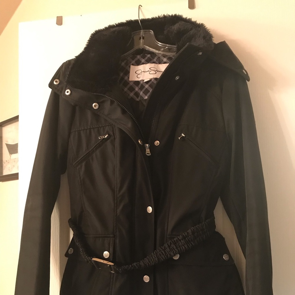 Jessica Simpson belted fur trim jacket